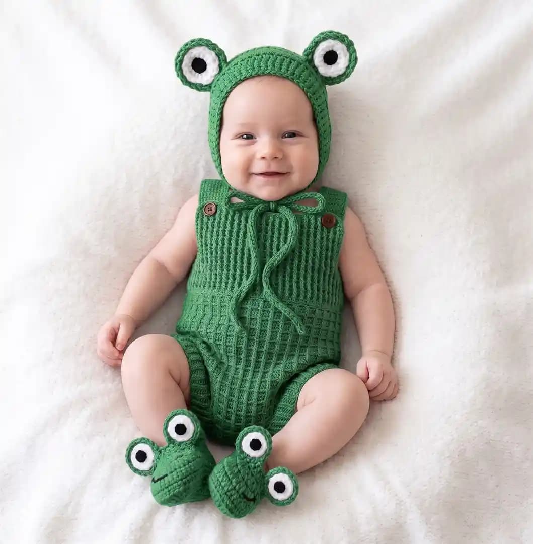 Frog Baby Crochet Pattern PDF, Easy Baby Romper, Bonnet & Booties Set, Newborn 0-3 Months Costume, Photo Prop thumbnail 1